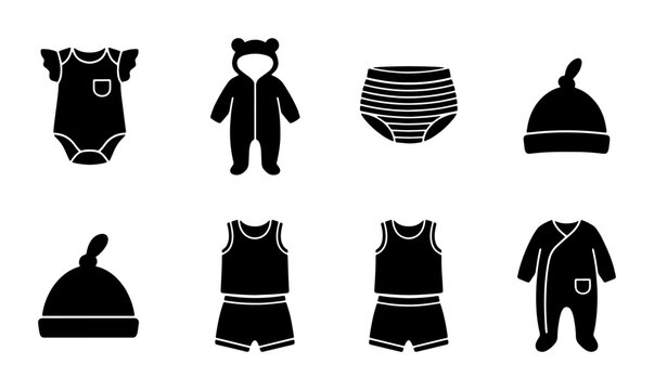 Baby Clothes Icons, Newborn Apparel Set, Infant Bodysuit and Pajamas Collection, Toddler Outfits Vector Graphics