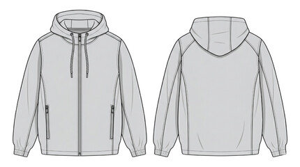CAD Fashion Tech Pack Front and Back Views of a Grey Hooded Windbreaker Jacket with Zipper and Pockets © akila
