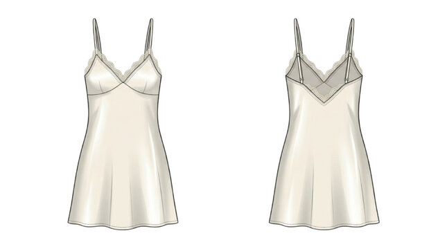 Fashion CAD illustration of a beige camisole with lace trim, front and back view
