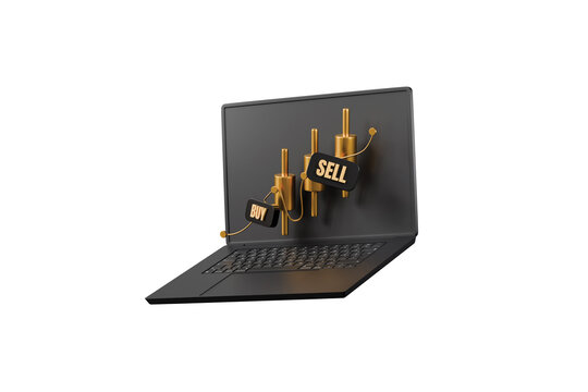 3d laptop stock trading icon. online investment chart concept. black laptop with gold candlestick graph, buy and sell labels. isolated on white transparent background. 3d render.