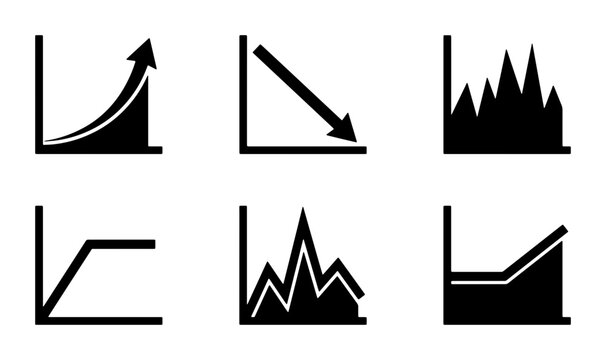 Six Black Vector Icons Representing Business Growth, Decline, and Market Trends, Data Analysis Charts, Financial Performance Graphs, and Stock Market Fluctuations