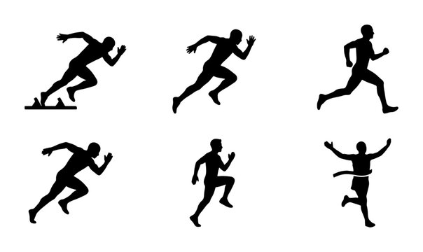 Dynamic Runner Silhouettes Collection: Sprinting, Racing, and Victory Poses for Sports and Fitness Graphics