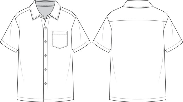 Precision CAD flat technical drawing of a short-sleeved collared button-up shirt, providing front and back views for apparel design documentation and garment manufacturing