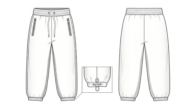 CAD illustration of casual joggers with zippers and drawstring detail, front and back views