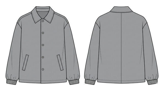 Detailed CAD flat technical sketch of a men's versatile coach jacket, featuring front and back views for comprehensive garment design and production specifications
