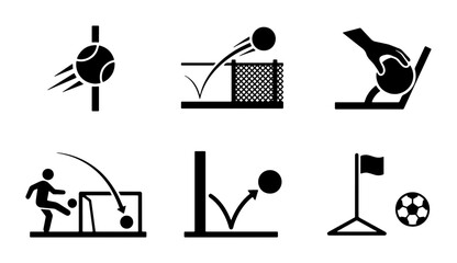 Sports Action Icons: Soccer, Tennis, Ball Bounce, Goal Kick, Corner Flag, 6 Vector Graphics Set for Game Design and Athletic Concepts © Jharna