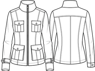 Detailed technical CAD fashion flat illustration of a women's safari jacket, front and back view, showcasing garment construction and design elements for apparel development © akila