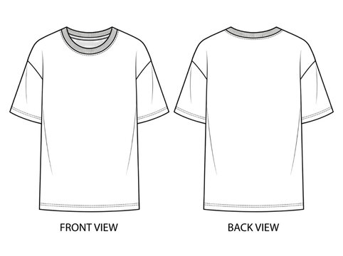 Fashion CAD design sketch of a unisex t-shirt, front and back view, for apparel manufacturing and e-commerce