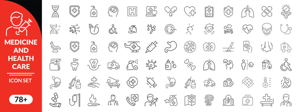 Medical and healthcare line icon set. Thin line vector symbols for hospital, doctor, and pharmacy. Includes telemedicine and vaccination icons