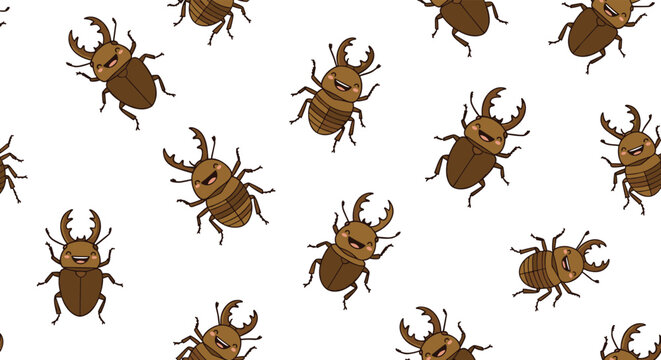 Playful seamless pattern of happy brown beetles with smiling faces and pincers on a white background for nature lovers and kids apparel.