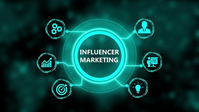 Influencer marketing digital strategy concept with glowing hud interface and business
