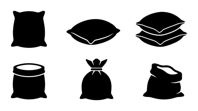 Set of 6 Black Silhouette Icons: Pillows, Cushions, and Sacks, Vector Graphics for Home Decor and Storage Concepts