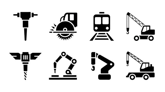 Construction equipment icons on white background with drill, saw, train, crane, drill bits and robotic arms