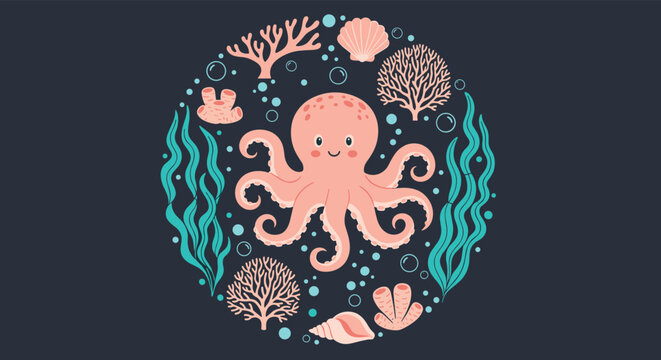 Charming circular composition with a pink octopus surrounded by corals, shells, and bubbles on a dark background for ocean lovers.