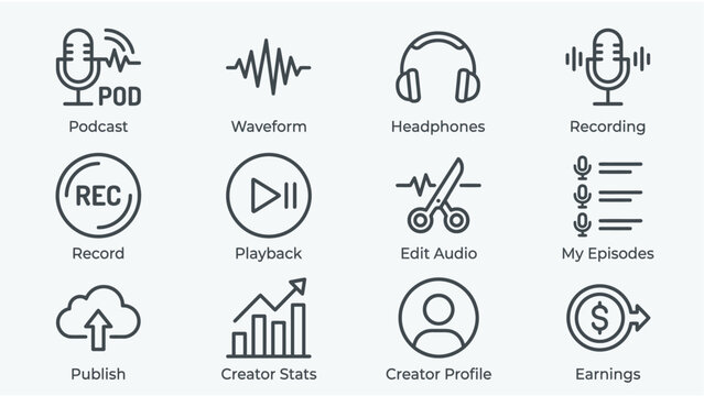 Essential vector line icons depicting podcasting and audio content creation workflows, covering recording, editing, publishing, statistics, and creator earnings