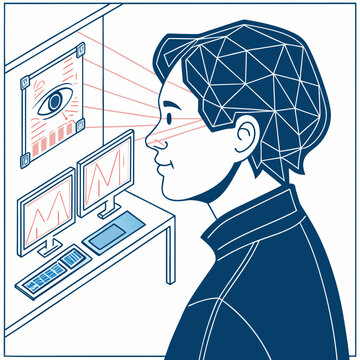 Line art illustration of man using retinal eye scanner and biometric tracking