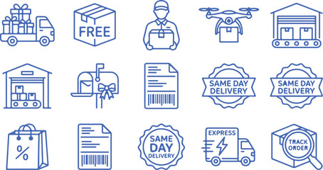Delivery and shipping icons showing truck package drone mailbox and same day delivery service stamps. © Sadhin