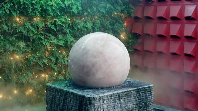 A massive white jade or marble stone rotating sphere stands in the steam fountain in the garden against the wall covered with ferns and a red textured wall composed of repeating geometric shapes in Lu