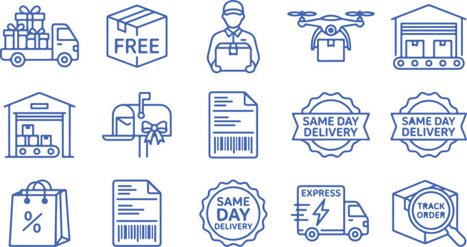 Delivery and shipping icons showing truck package drone mailbox and same day delivery service stamps.