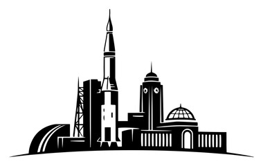 Space research facility with rocket and observatory dome buildings in silhouette style © Camel