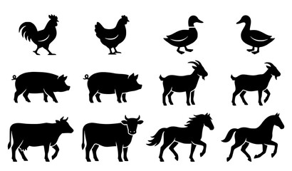 Obraz premium Modern Farm Animal Silhouette Set with Chicken Duck Pig Goat Cow and Horse Vector Art