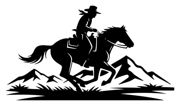 Cowboy riding galloping horse in wild west mountain landscape silhouette style
