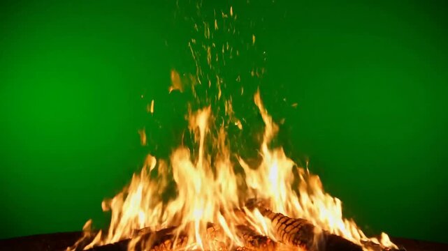 Burning Fire on Green Background.