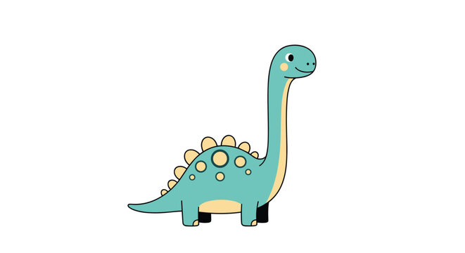 Friendly cartoon dinosaur with a long neck and bony plates along its back stands on a white background for educational kids content.