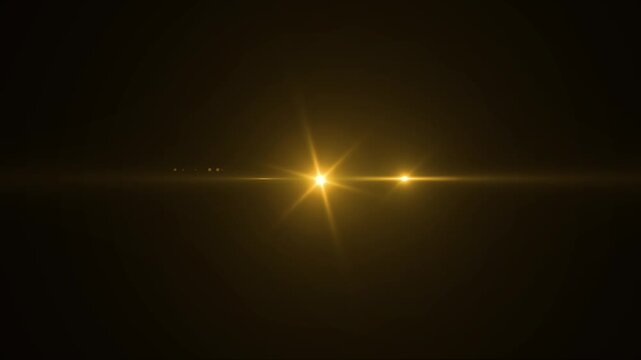 Optical shine lens flare animation on black background with golden light rays, anamorphic glow, starburst shine, flash transition, bokeh overlay and dynamic sci-fi light streak effects 4k