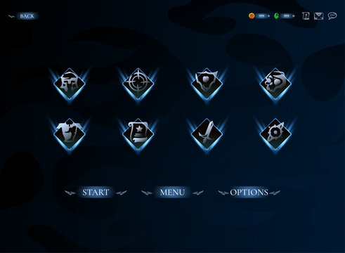 Fantasy RPG Menu Interface With Glowing Icons and Dark Blue Game UI Design