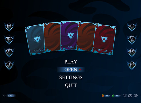 Fantasy Card Pack Opening Interface With Rare Loot Cards and RPG Game UI