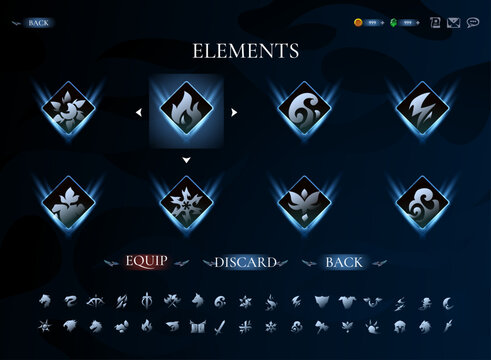 Fantasy Elements Selection Interface With Magic Icons Equipment and RPG Game UI