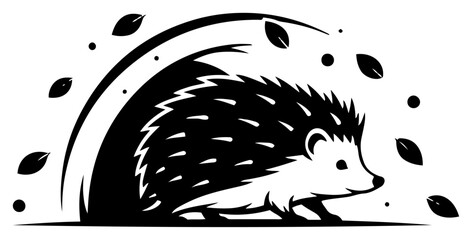 Hedgehog walking among falling autumn leaves silhouette style © Camel