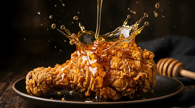Honey being poured over crispy fried chicken on dark plate