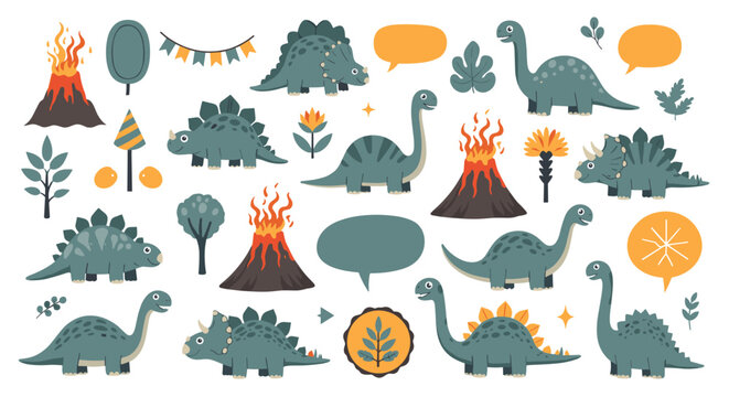 Prehistoric adventure collection featuring different dinosaur types like triceratops and stegosaurus with erupting volcanoes and forest trees.