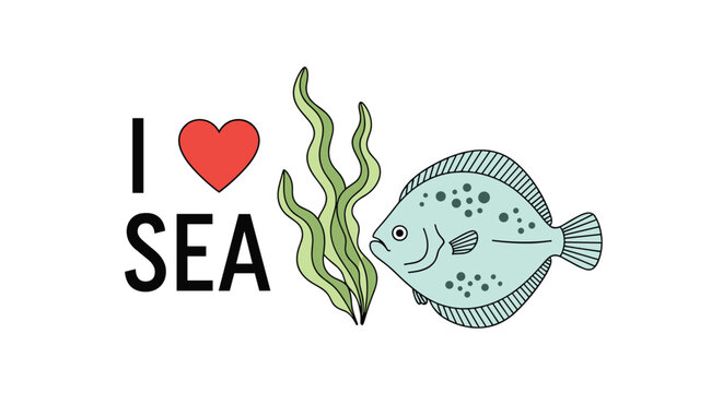 Nautical illustration featuring a light blue flatfish swimming next to green seaweed with the text I heart sea and a red heart.