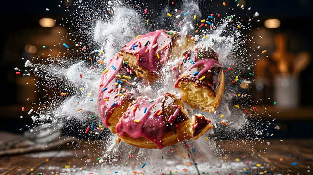 Exploding donut with pink icing and sprinkles in mid-air