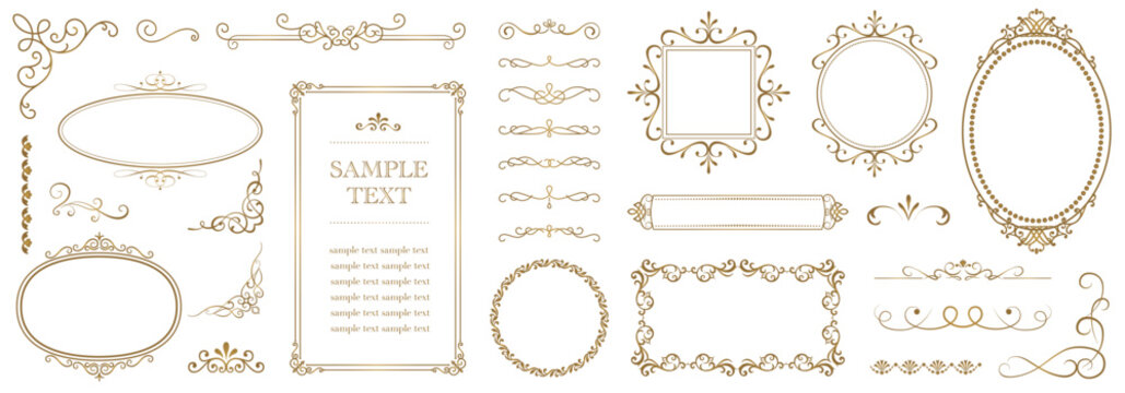 Minimal gold decorative vector ornaments and elegant vintage frames, sophisticated floral dividers for wedding invitations, logos, packaging and luxury templates.