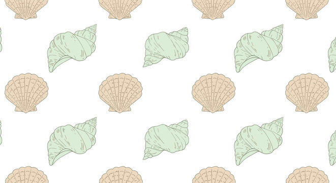 Elegant seamless pattern of hand drawn seashells including scallops and conches in soft beige and seafoam green colors on a white background.