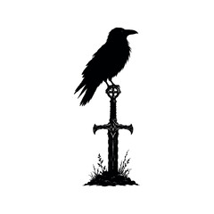 Fototapeta premium Black silhouette of a raven perched on a medieval sword embedded in the ground with grass on white background