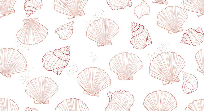 Delicate seamless pattern of finely detailed line drawings of various seashells and sand textures in a warm monochromatic terracotta color.