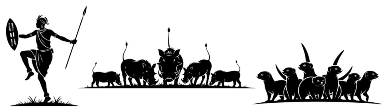 African tribal warrior with spear and wild animals on savanna black silhouette style