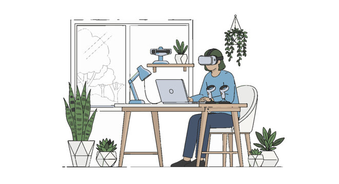 Person wearing VR headset working on laptop at desk surrounded by houseplants, modern home office setup