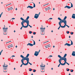 Obraz premium Girly seamless vector pattern with baseball-themed icons and stickers in red, navy blue on pink background, featuring baseball caps, gloves, bats, coquette bow, preppy cherries, motivational quote