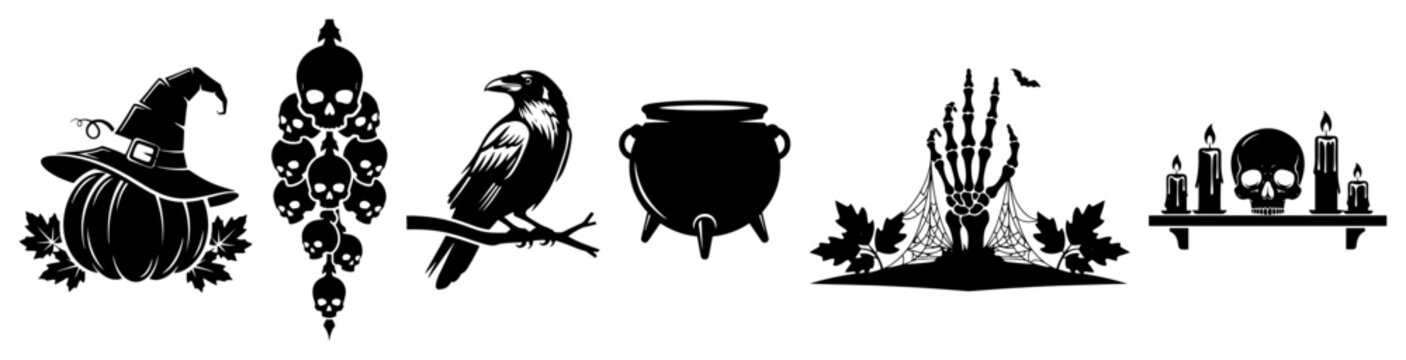 Halloween icons set with skulls raven cauldron and pumpkins in vector style