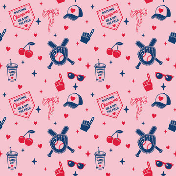 Girly seamless vector pattern with baseball-themed icons and stickers in red, navy blue on pink background, featuring baseball caps, gloves, bats, coquette bow, preppy cherries, motivational quote