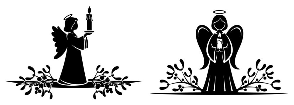 Christmas angels holding candles with holly and mistletoe branches in silhouette style