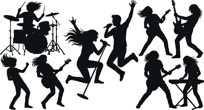 Vector collection of energetic rock band musicians silhouettes featuring male and female singers, guitarists, drummer, and keyboardist