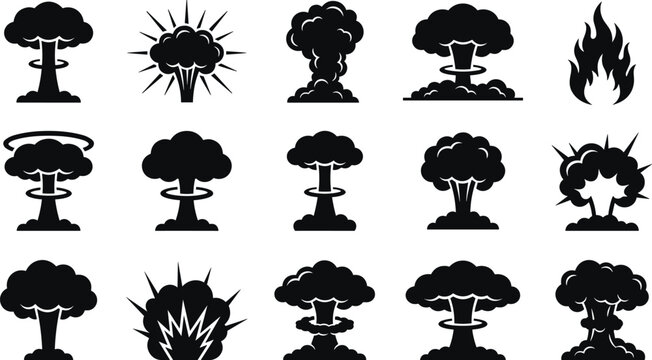 Vector collection of explosion and mushroom cloud silhouette icons featuring atomic bomb blasts, detonate smoke, and fire flares