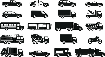Vector collection of transport and vehicle silhouette icons featuring cars, trucks, public transit, and emergency services © IconicCreations
